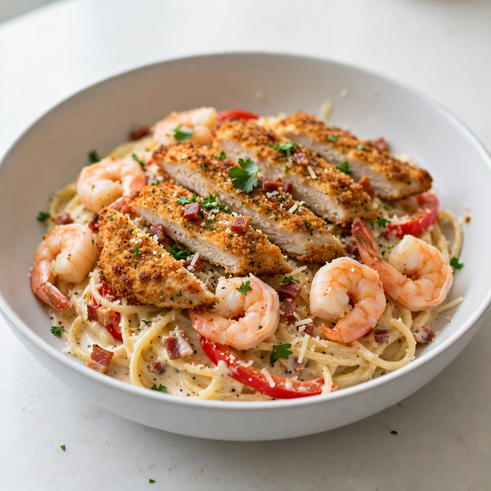 Copycat Olive Garden Chicken and Shrimp Carbonara