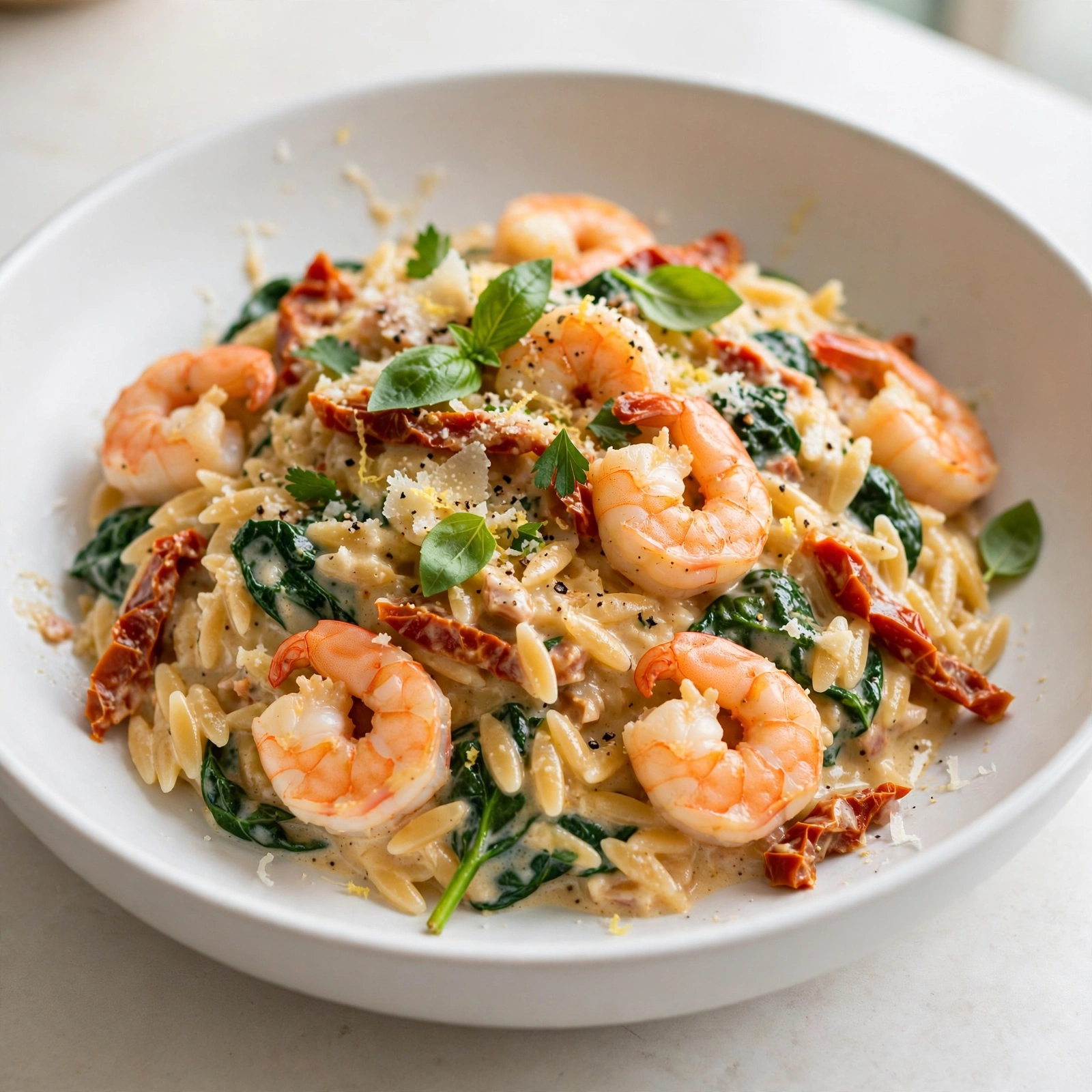 Creamy Tuscan Shrimp Orzo with Spinach and Sun-Dried Tomatoes