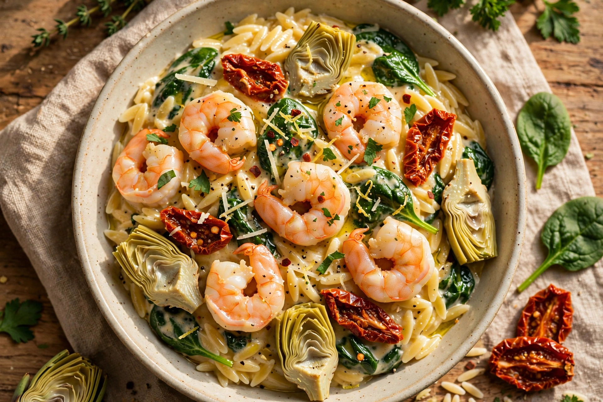 Creamy Tuscan Shrimp Orzo with Spinach, Sun-Dried Tomatoes, and Artichokes