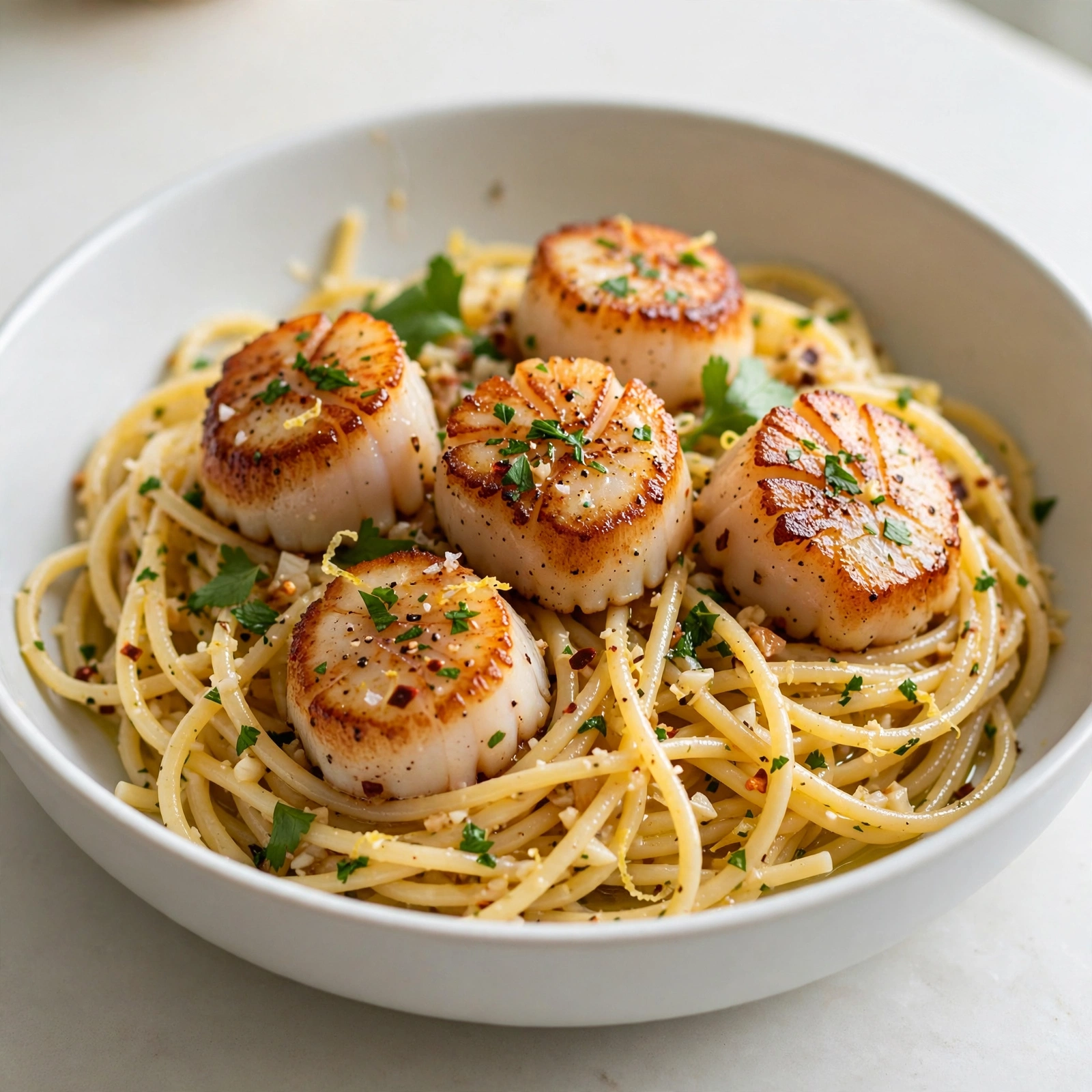 Seared Scallops Over Garlic Pasta